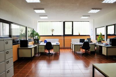 Office with brown tile